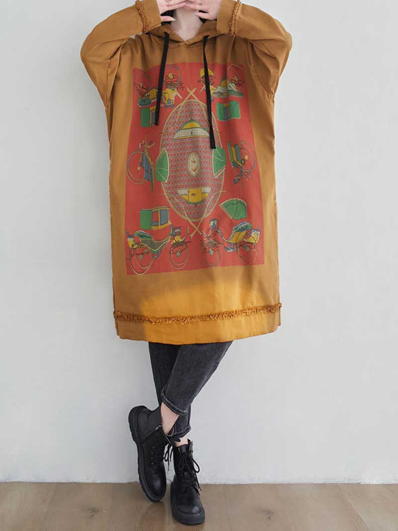 Hooded Graphic Print Frayed Hem Oversized Sweatshirt Midi Dress