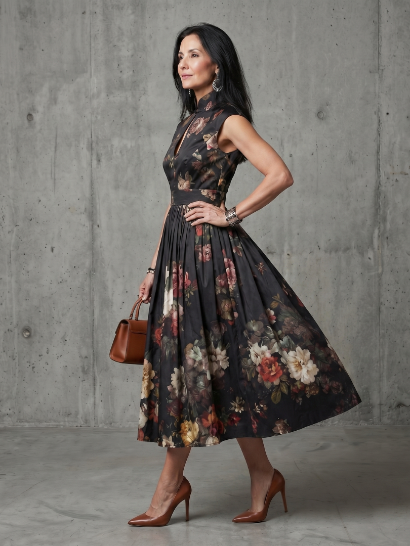 Black High Neck Keyhole Floral Pleated A-Line Midi Dress