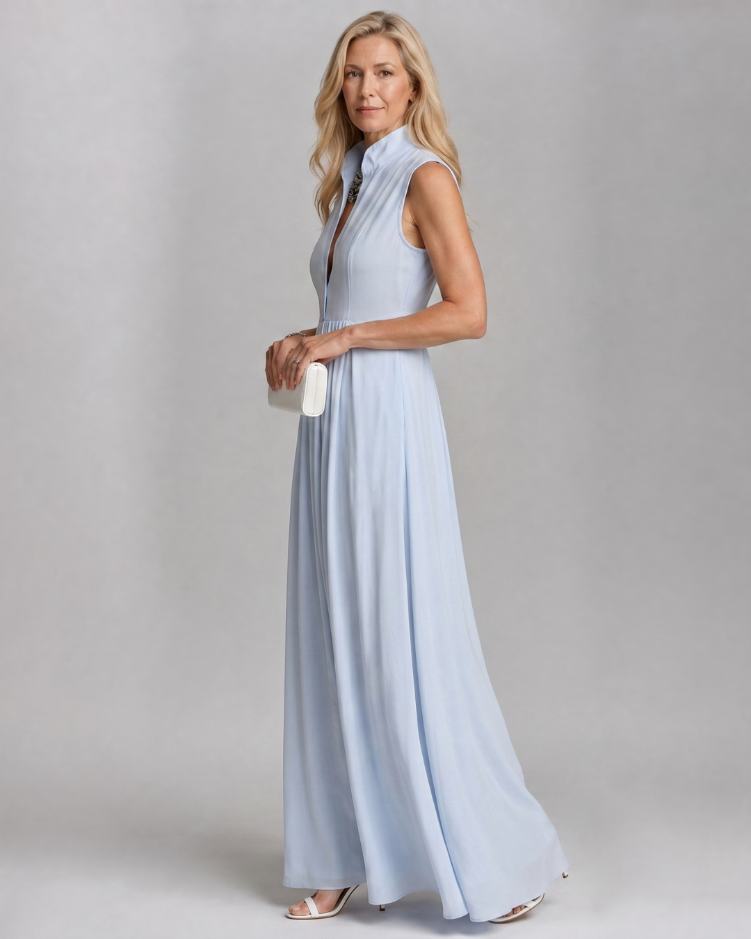 Sky Blue High Collar V-Neck Sleeveless Flowy A-Line Maxi Dress