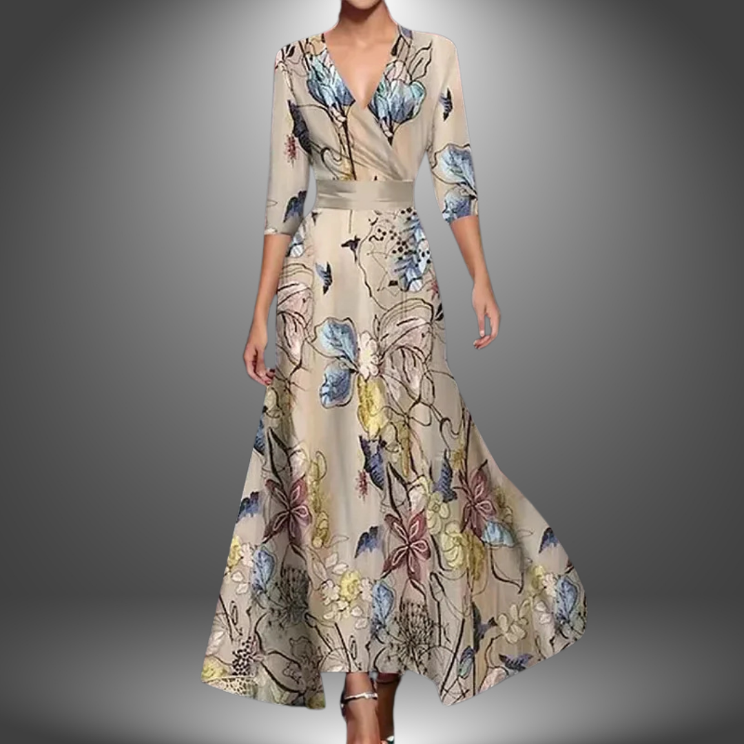 Surplice V-Neck Floral Print Three Quarter Sleeve A-Line Maxi Dress