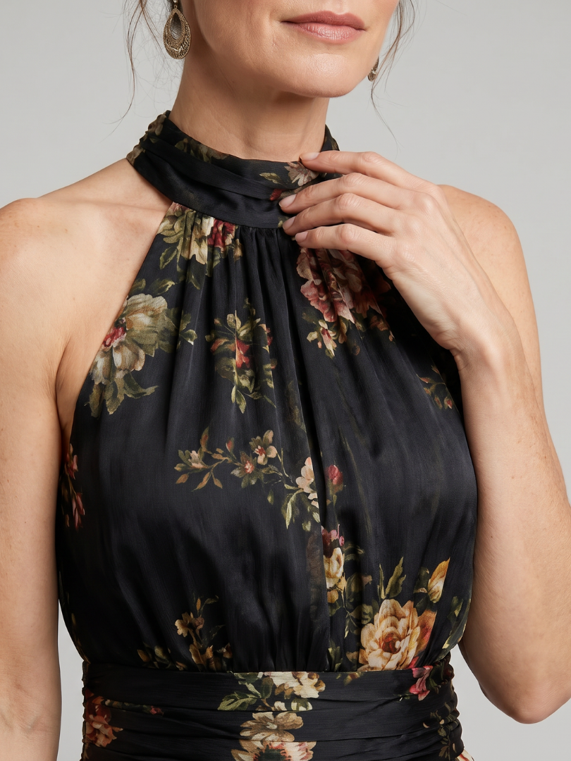 Black Halter Neck Floral Print Ruched Waist Sleeveless Pleated Maxi Dress 3