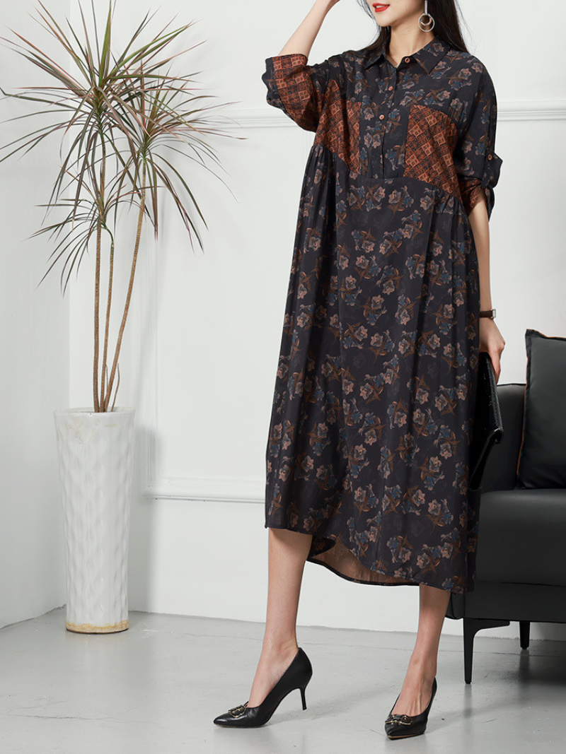 Blue Collared Roll-Up Sleeve Floral Patchwork Button Loose Shirt Midi Dress