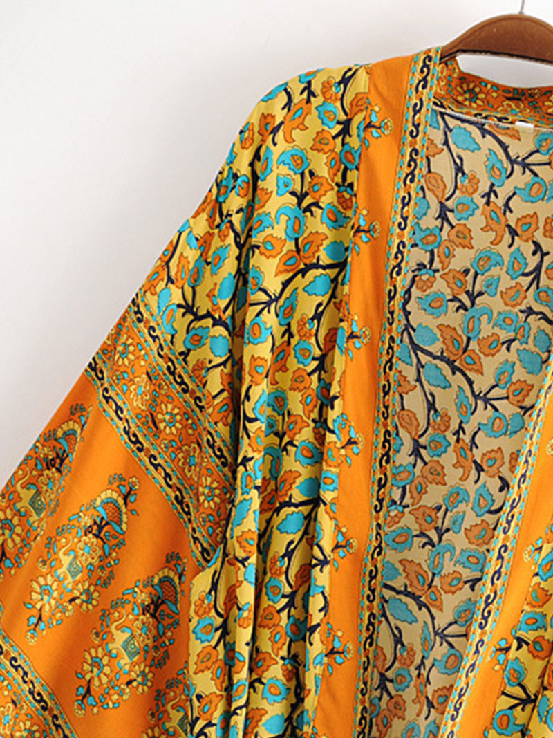 Orange Bohemian Floral Border Print Open Front Long Kimono Robe 8