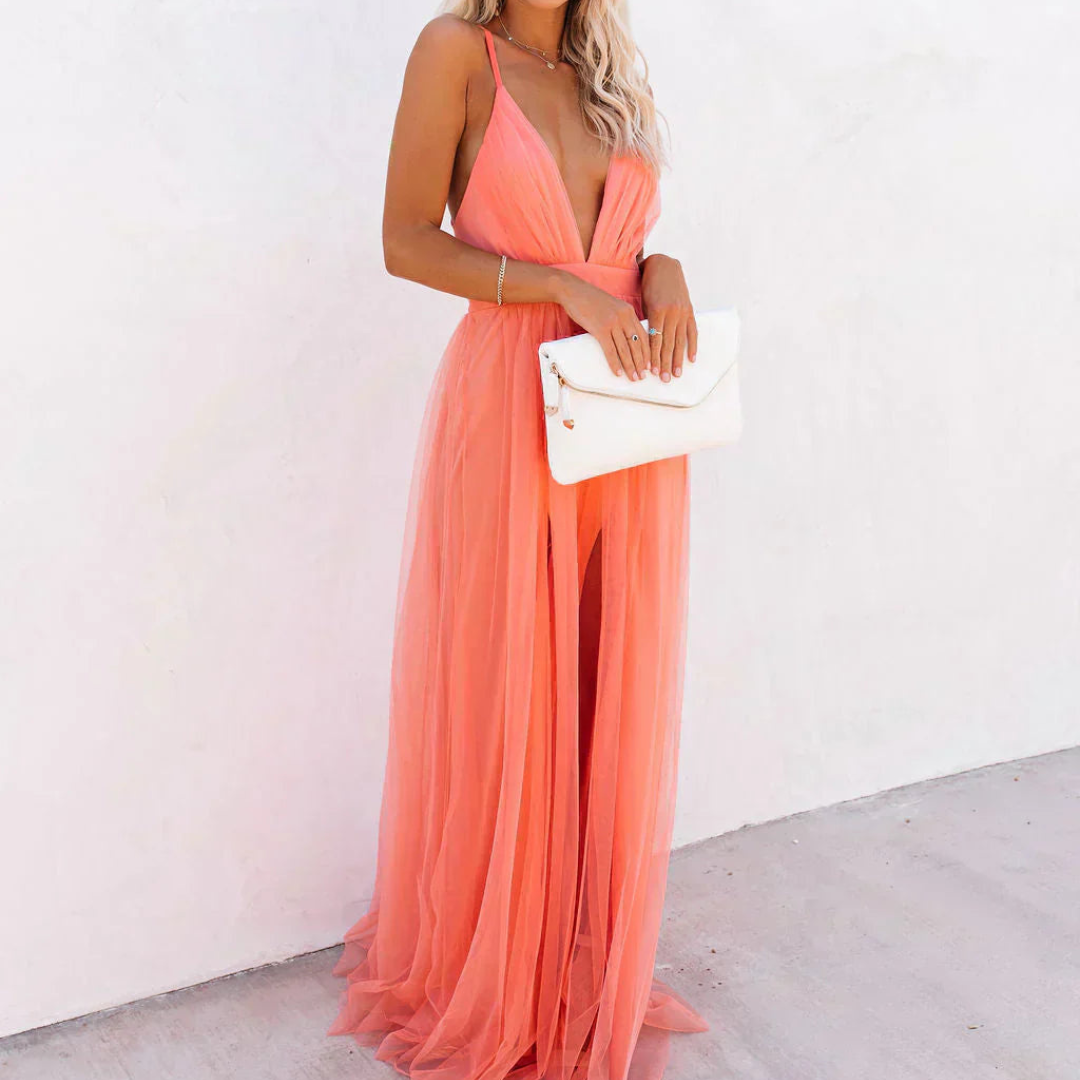 Spaghetti Strap Plunge V-Neck Tulle Pleated A-Line Maxi Gown 6