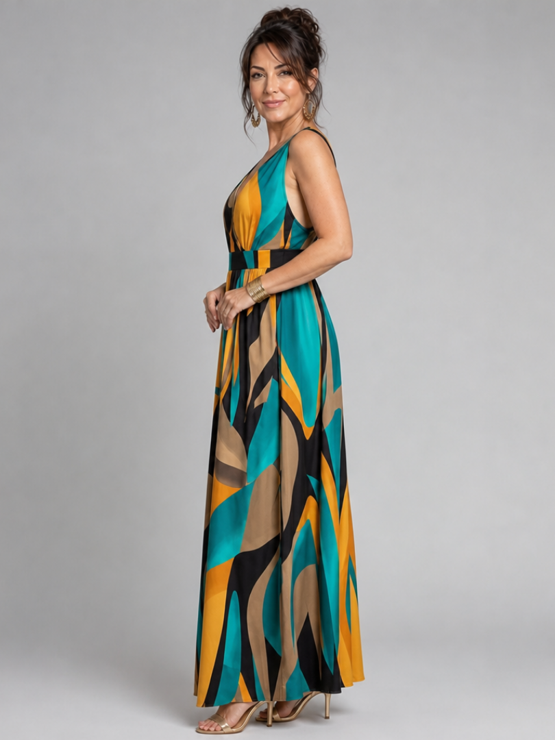 Multicolor V-Neck Abstract Print Sleeveless Belted A-Line Maxi Dress