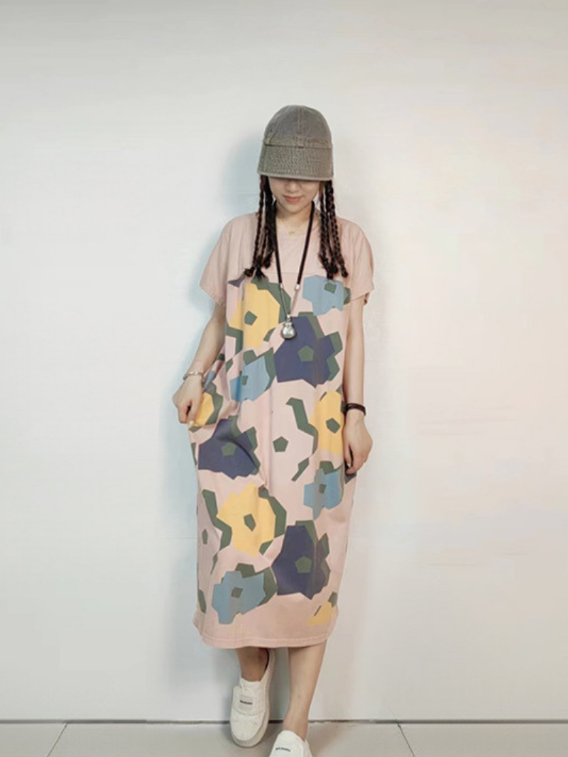 Round Neck Abstract Floral Print Short Sleeve Loose Cocoon Midi Dress 4