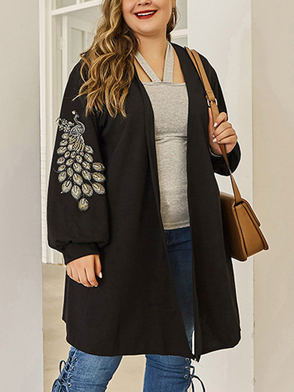 Black Open Front Peacock Embroidery Long Sleeve Longline Cardigan 3