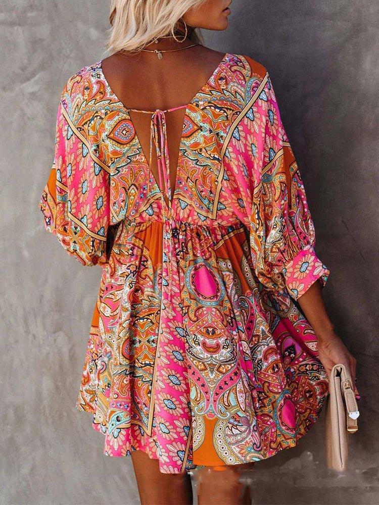 V-Neck Tribal Print Ruched Swing Dress