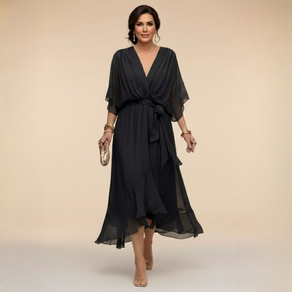 V-Neck Chiffon Batwing Sleeve Tie Waist Ruffle Hem Midi Dress