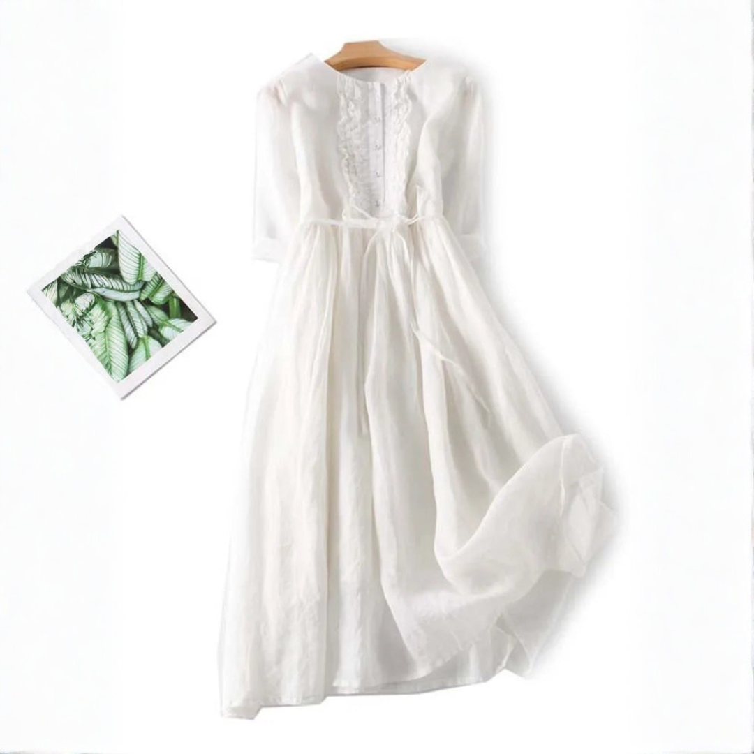 Round Neck Ruffle Placket Roll Sleeve Drawstring Linen Maxi Dress