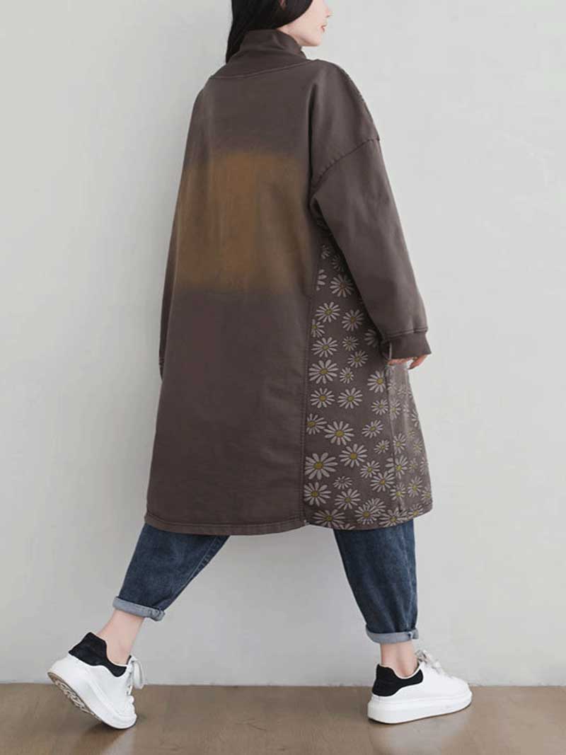 Turtleneck Floral Daisy Print Medallion Oversized Sweatshirt Midi Dress
