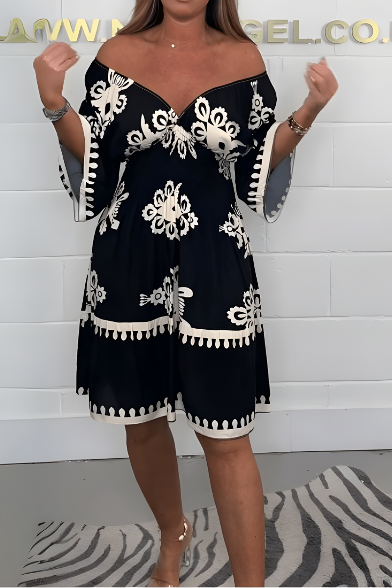 V-Neck Flare Sleeve Baroque Print Scallop Trim Tiered Midi Dress 9