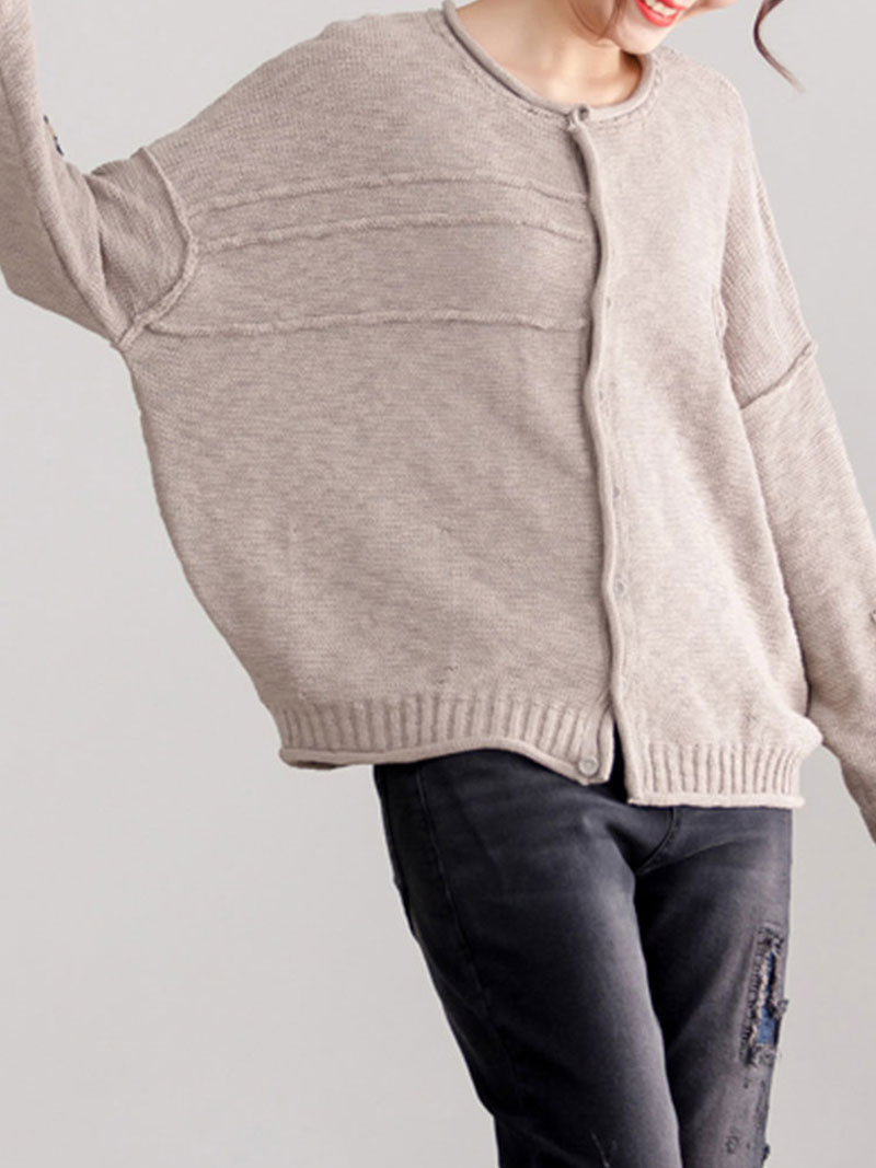 Round Neck Embroidered Sleeve Button Front Knit Cardigan