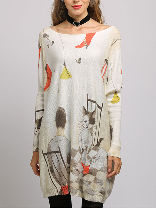 Boat Neck Cat Print Long Sleeve Knit Sweater Tunic