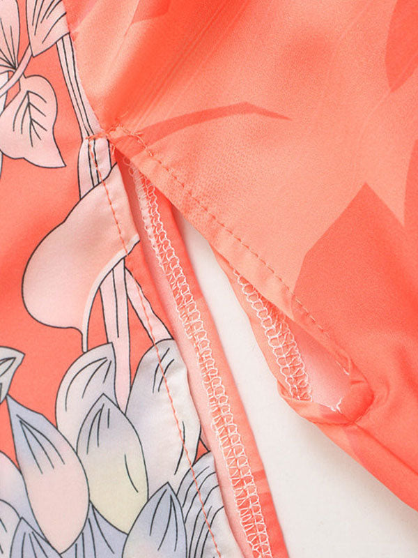 Orange Floral Border Print Belted Mid Length Kimono Robe