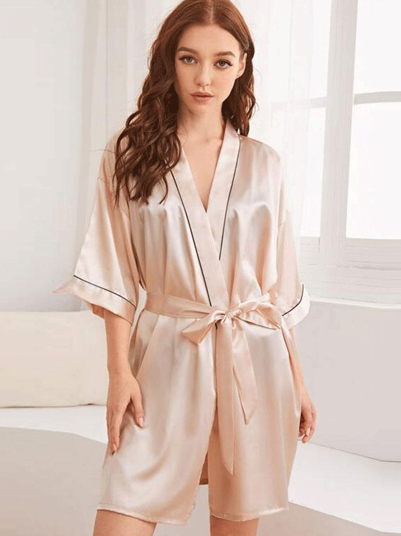 Beige Contrast Piping Satin Belted Short Kimono Robe 4