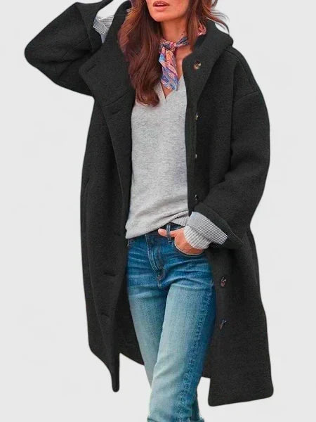 Hooded Button Front Long Sleeve Longline Wool Coat