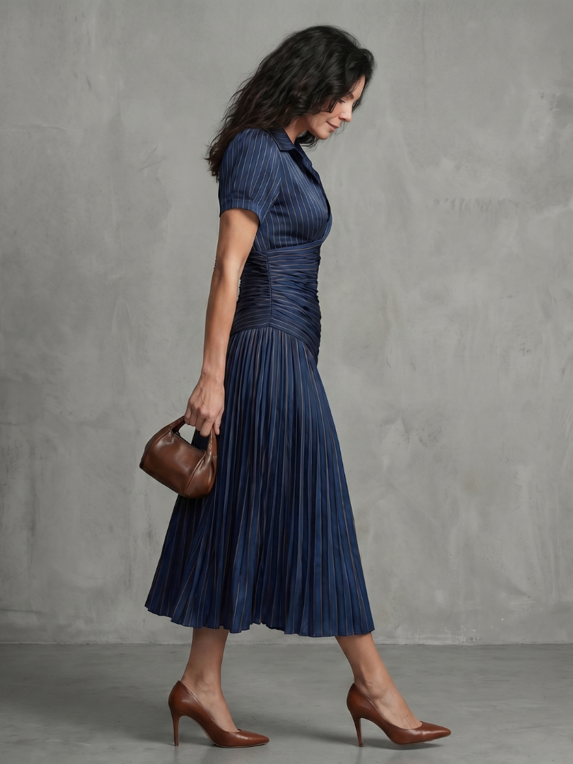 Collared Pinstripe Short Sleeve Ruched Waist Pleated Midi Dress