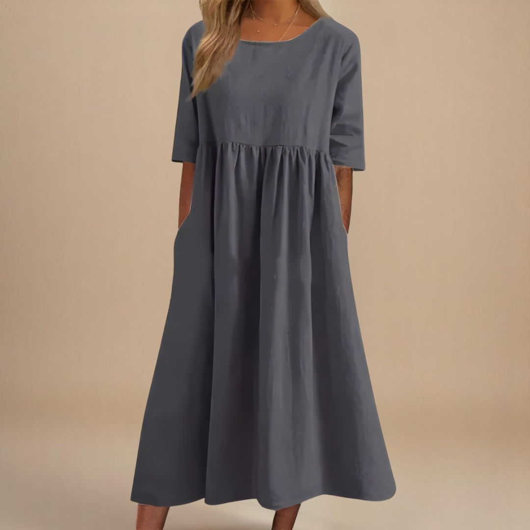 Round Neck Short Sleeve Linen Empire Waist Pocket A-Line Midi Dress