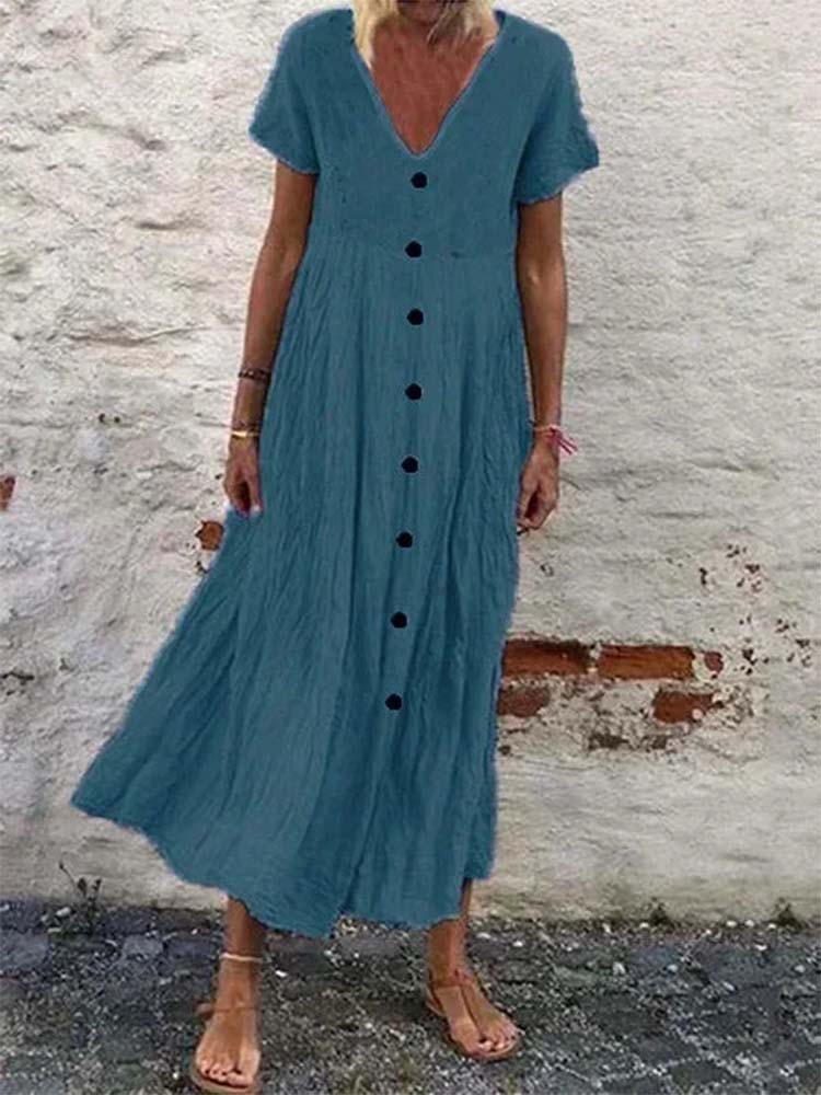 Cotton Plain V Neck Casual Boho Dress