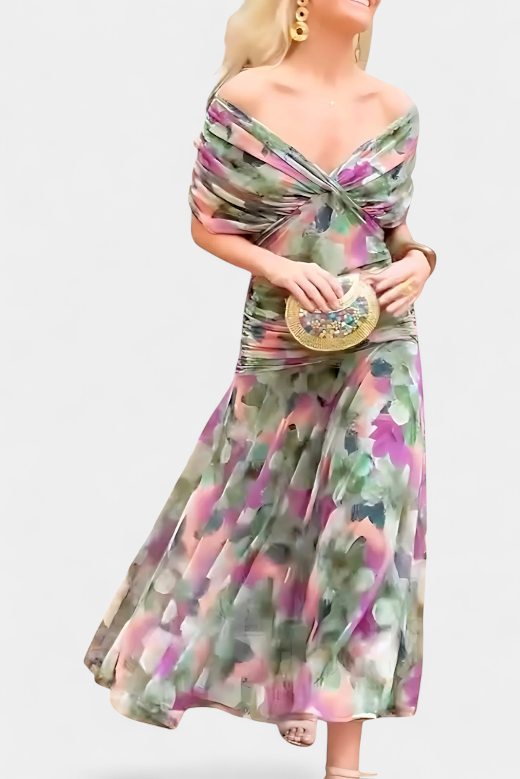 V-Neck Twist Front Draped Sheer Sleeve Ruched Bodycon Maxi Dress
