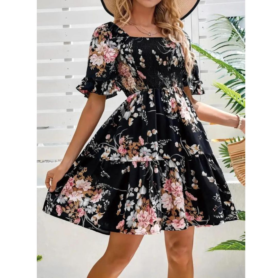 Square Neck Floral Shirred Bodice Flounce Sleeve Tiered Mini Dress