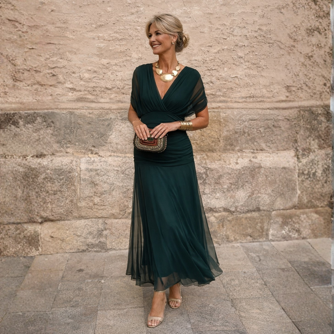 Surplice V-Neck Draped Dolman Sleeve Ruched Waist Chiffon Maxi Dress
