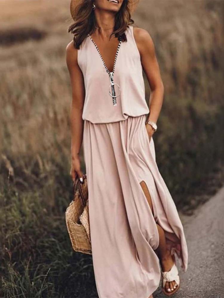Stylish V-Neck Plain Maxi Dress