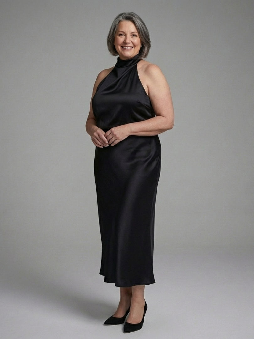 Halter Neck Satin Blouson Bias Midi Dress 4