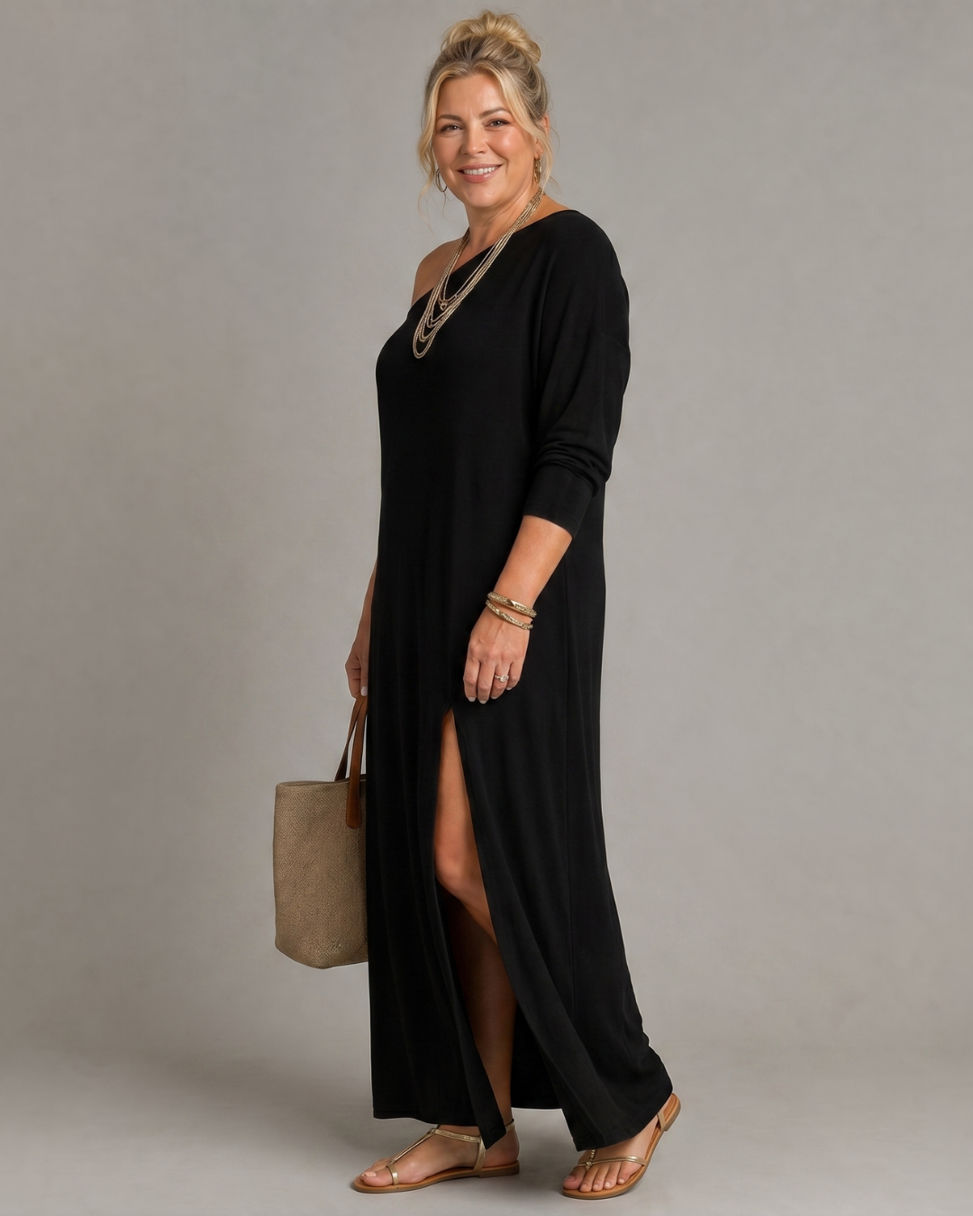 One-Shoulder Long Sleeve Jersey High Slit Relaxed Maxi Dress