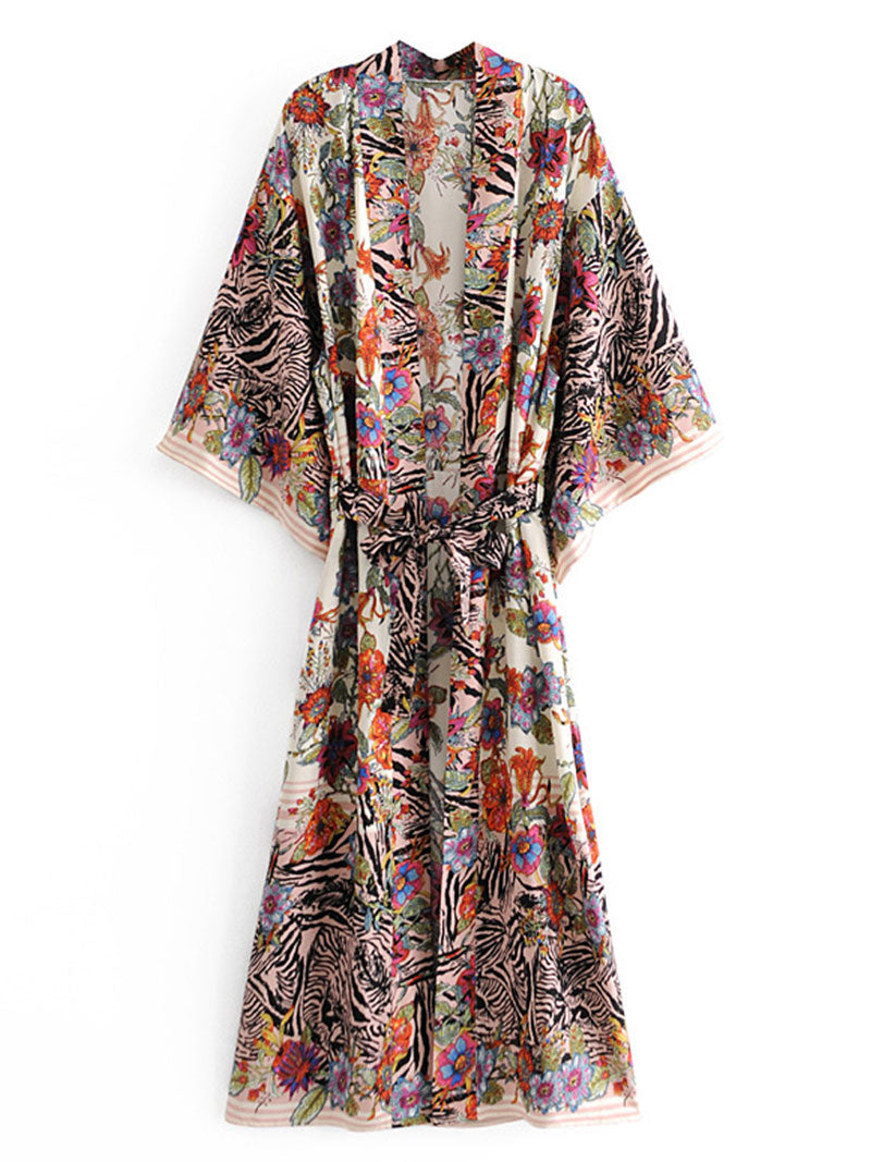 Black Floral Zebra Print Bohemian Belted Long Kimono Robe