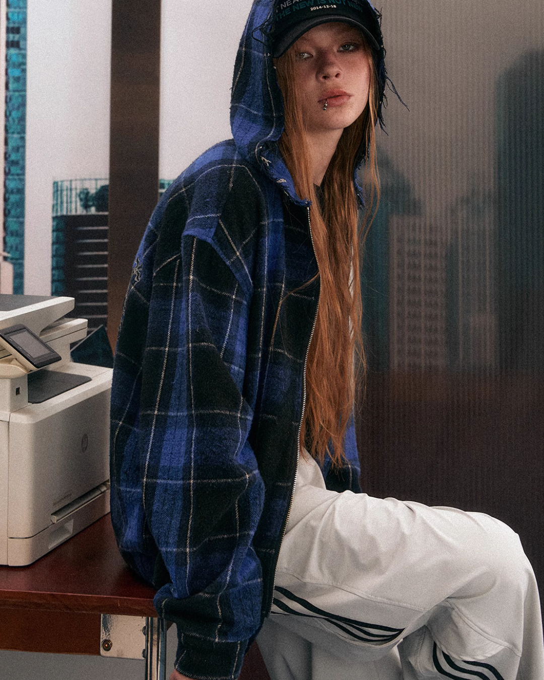 Blue Plaid Oversized Hooded Jacket