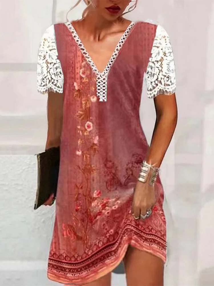 Floral Lace Patchwork V-Neck Short Sleeve Mini Dress
