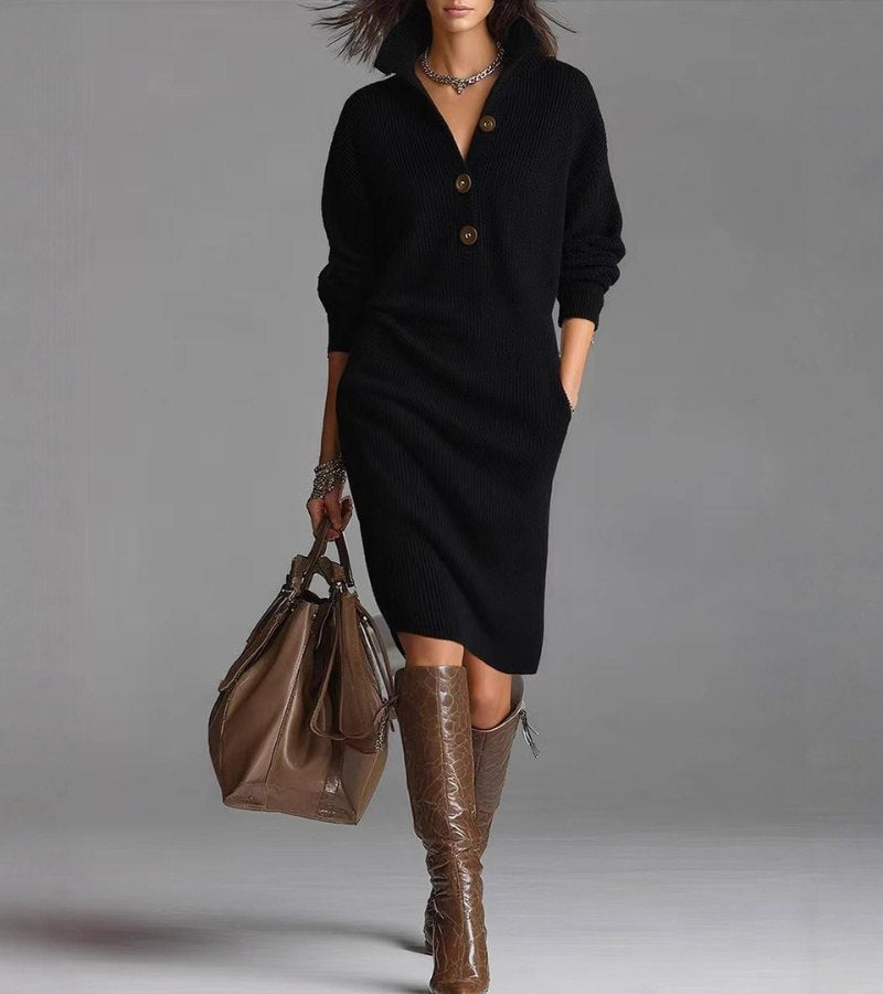 Collared Half-Button Ribbed Knit Long Sleeve Sweater Midi Dress