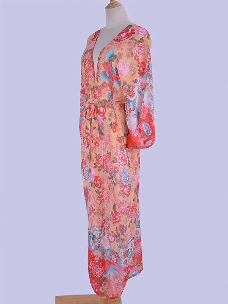 Pink Floral Print Chiffon Tie Waist Long Open Front Kimono 2