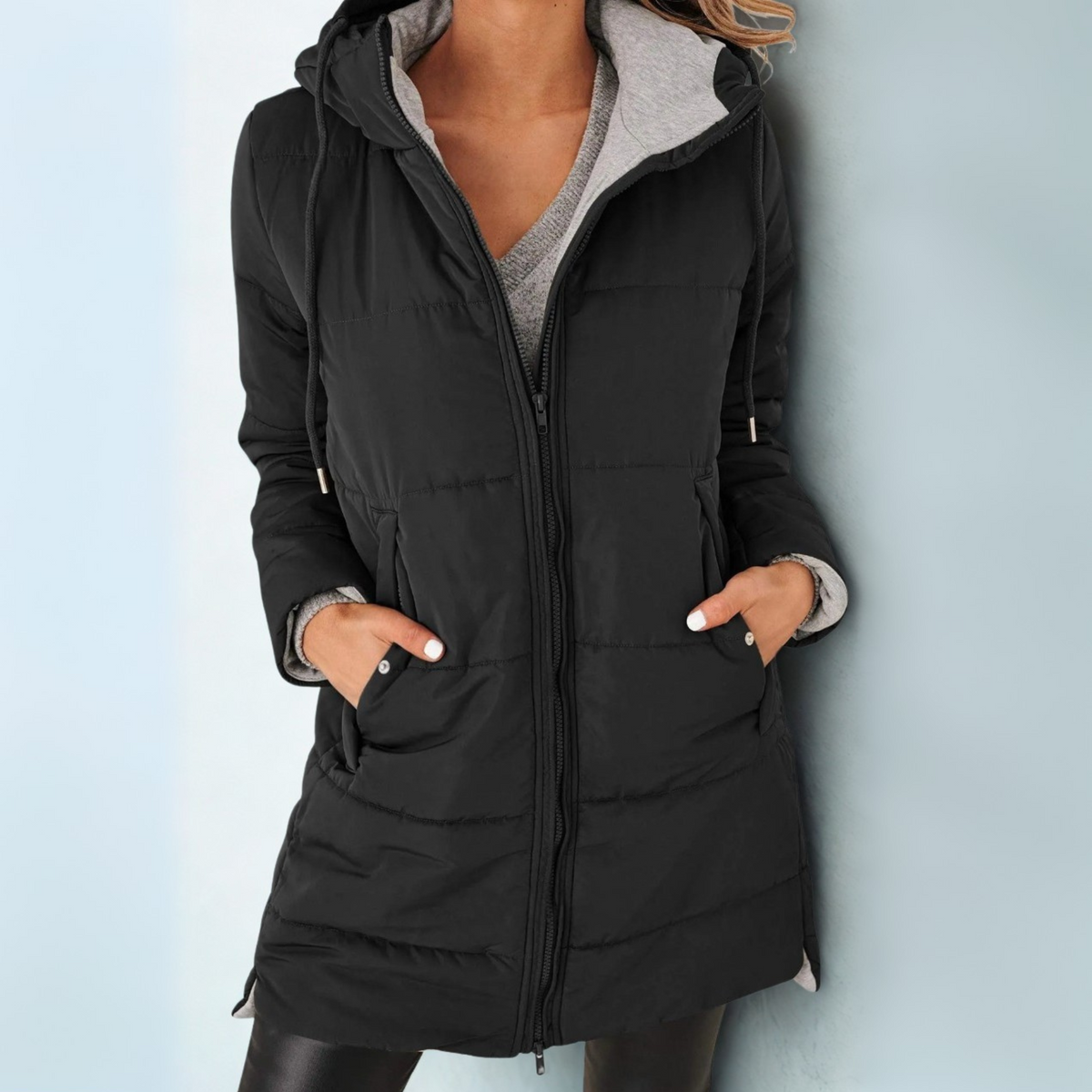 Hooded Drawstring Quilted Zip-Up Longline Puffer Coat