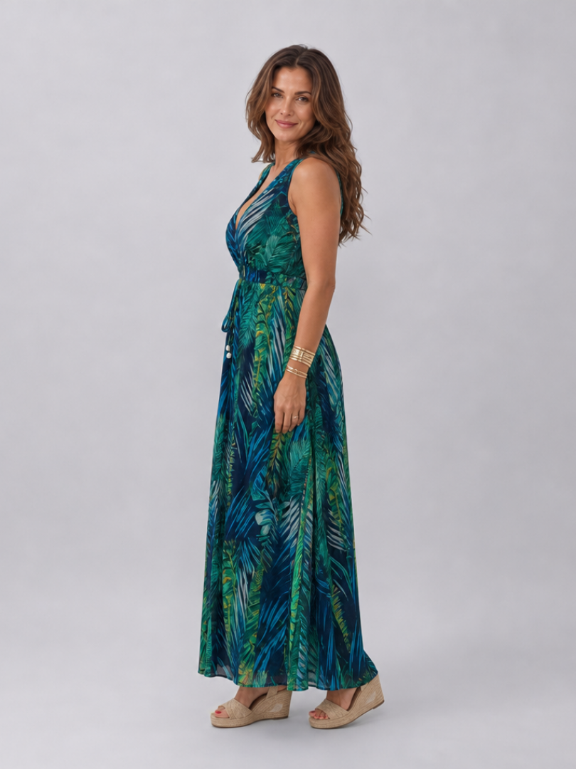 V-Neck Leaf Print Half Sleeve Crochet Trim Empire Maxi Dress 3