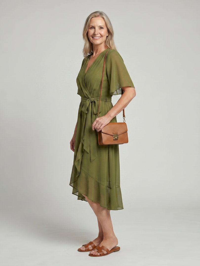 V-Neck Wrap Flutter Sleeve Chiffon Tie Waist Ruffle Hem Midi Dress 2