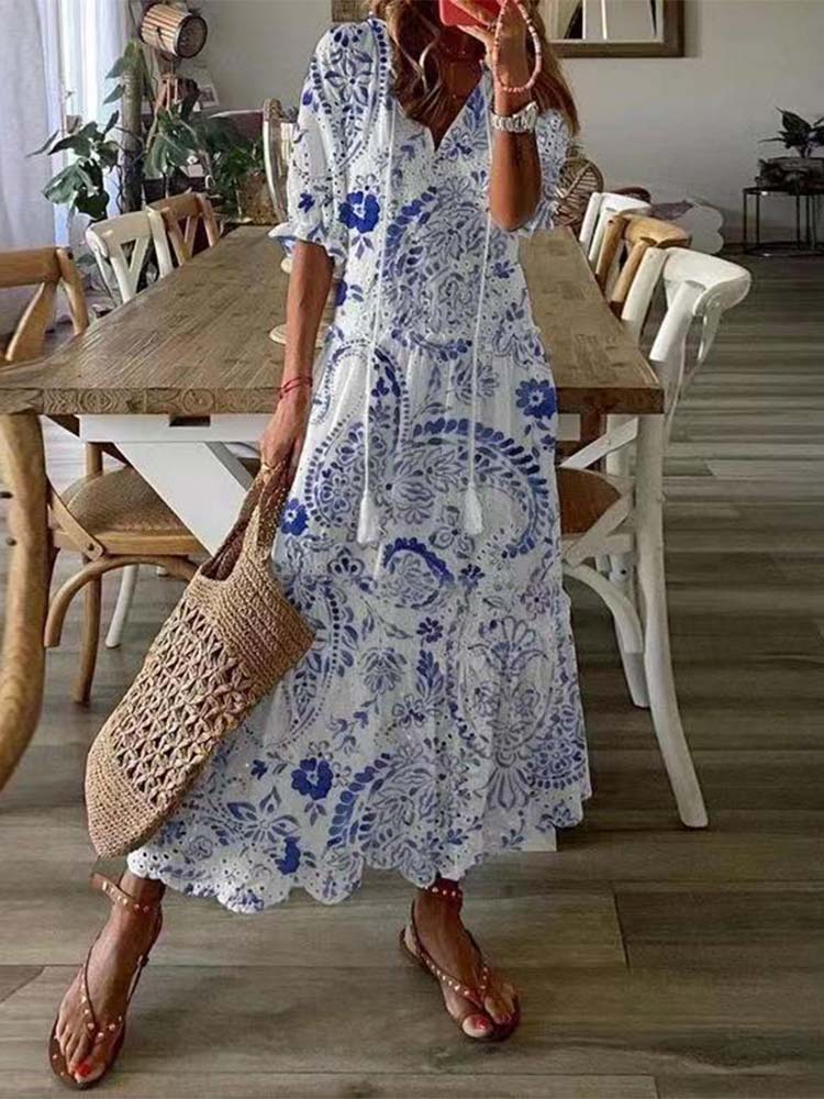Sailor Blue White Tassel V-Neck Midi Dress