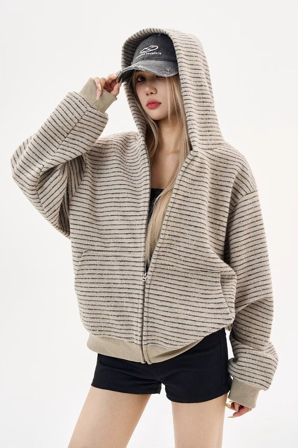 Black Knit Dual-Zip Mesh Fingerloop Hoodie