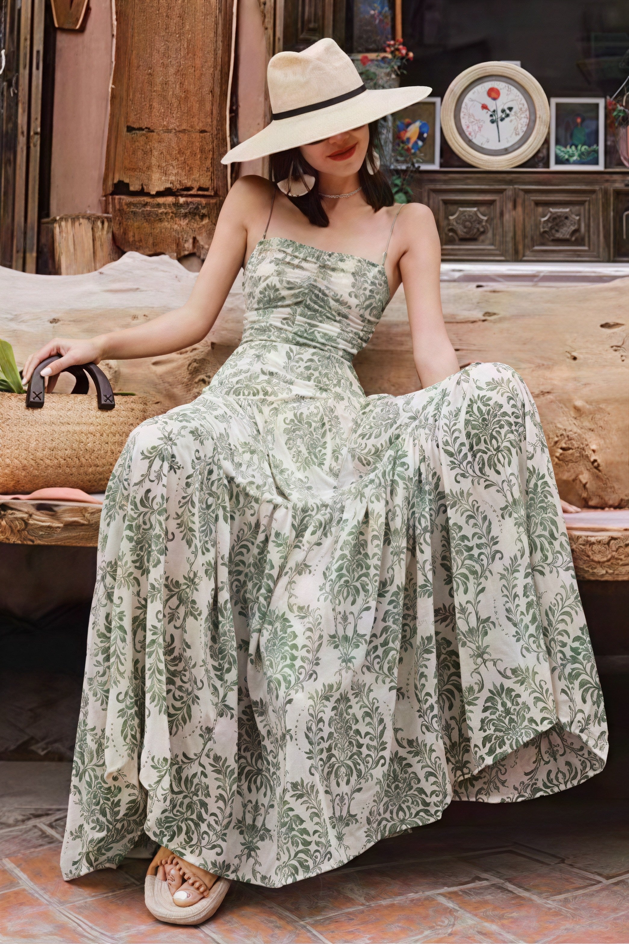 Green Spaghetti Strap Square Neck Ruched Damask Print Tiered Maxi Dress 3