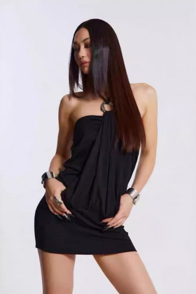 Y2K Metal Ring Halter Backless Draped Slim Bodycon Dress
