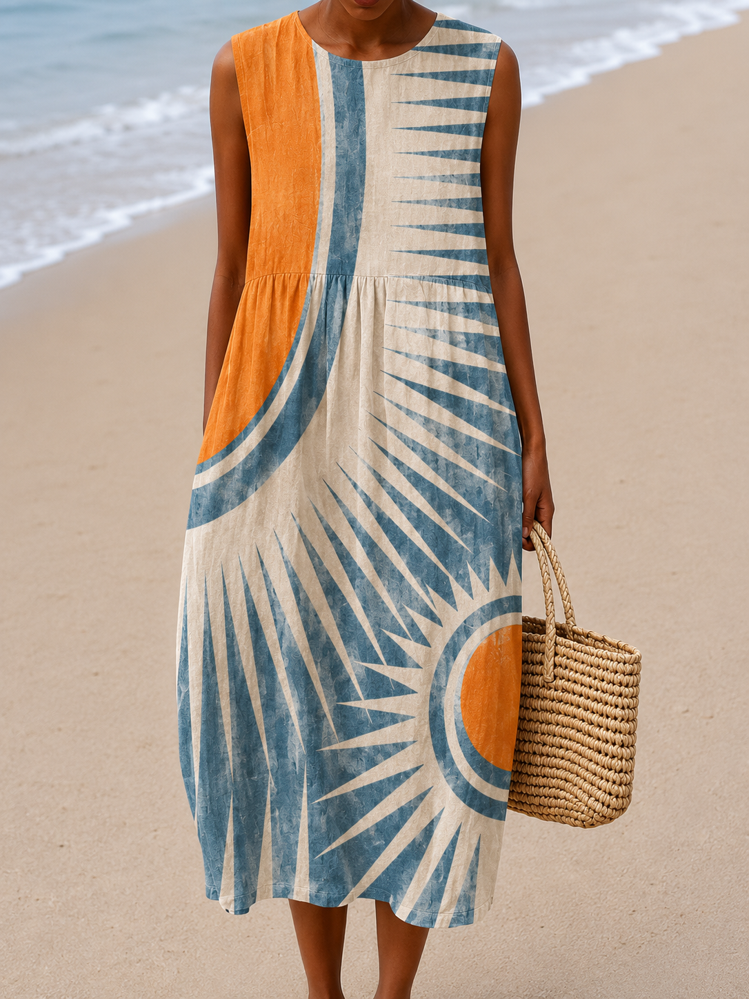 Round Neck Sleeveless Abstract Sunburst Print Pocket Shift Midi Dress