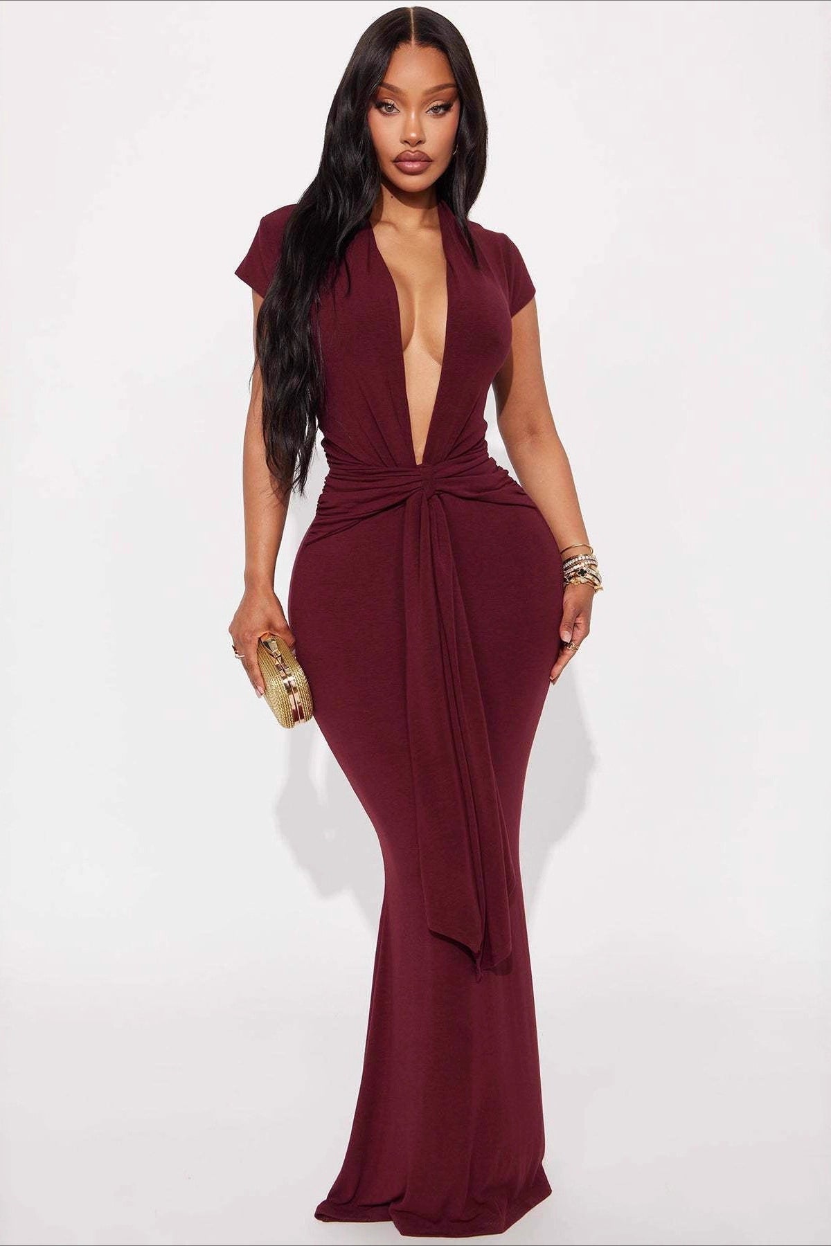 Solid Plunge V Short Sleeve Tie Slim Bodycon Dress