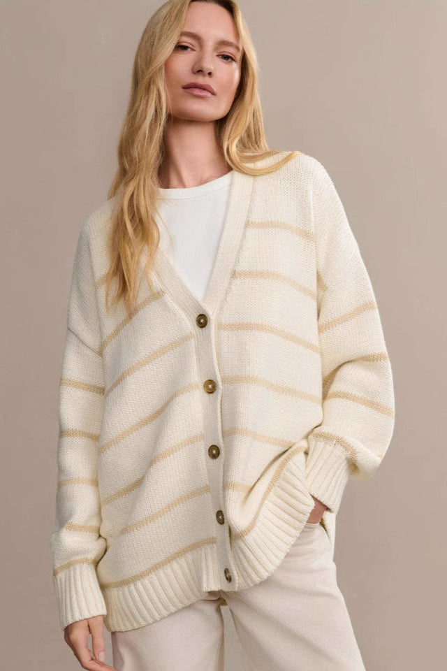 Striped Cotton V Neck Slouchy Knit Cardigan