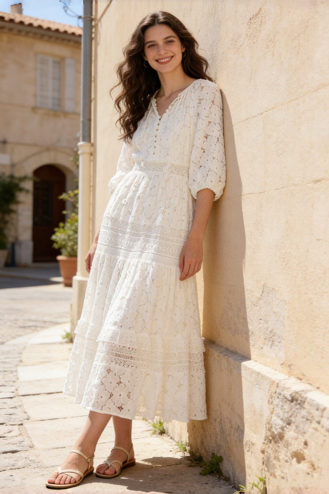 Lace cutout high waist vacation dress