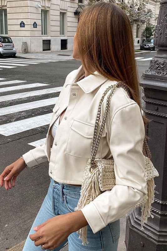 White Crop Leather Long-Sleeve Jacket
