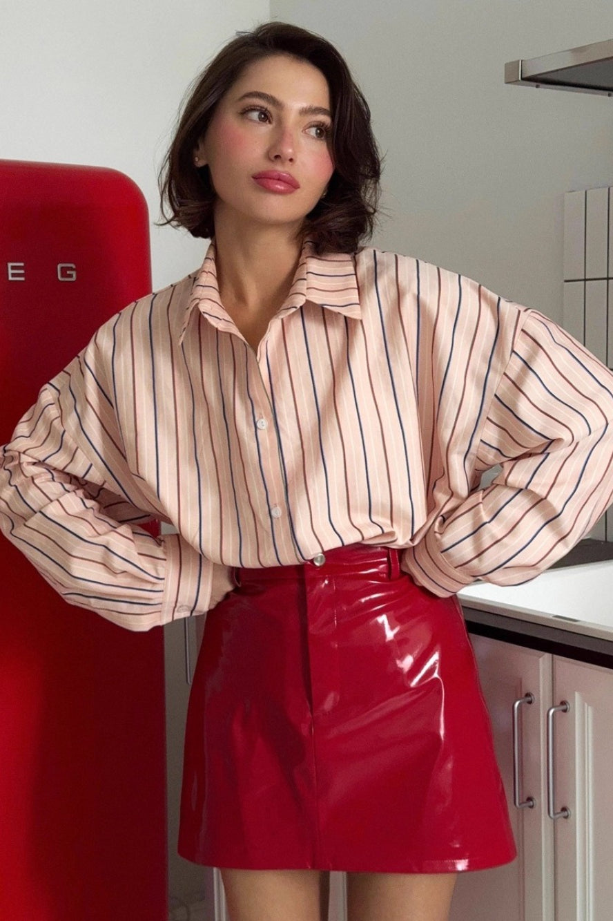 Red PU Leather Office Bodycon Skirt