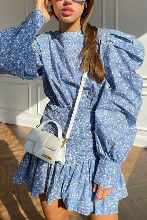 Long Sleeve Pleated Waist Short Floral Dress