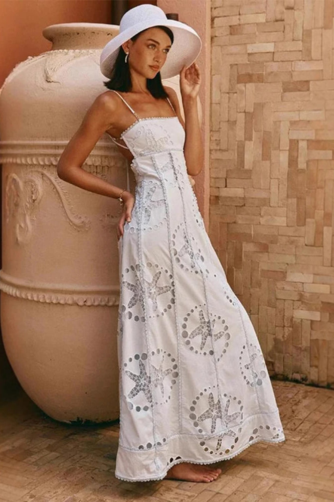 Backless Lace Up Boho Dress White / XS